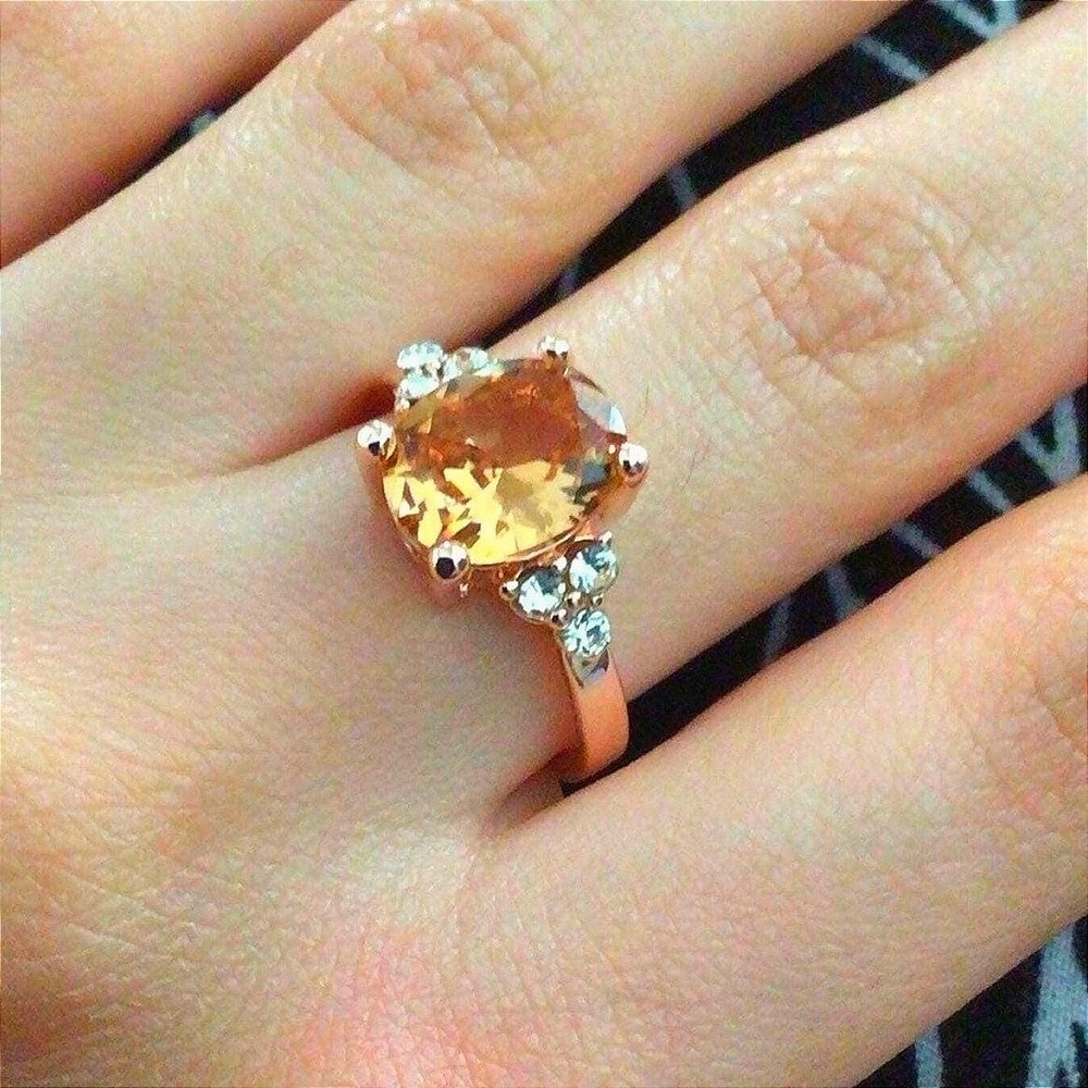 New Rose Gold 7 Cushion Pink Peach Crystal Halo Ring with Side Accents